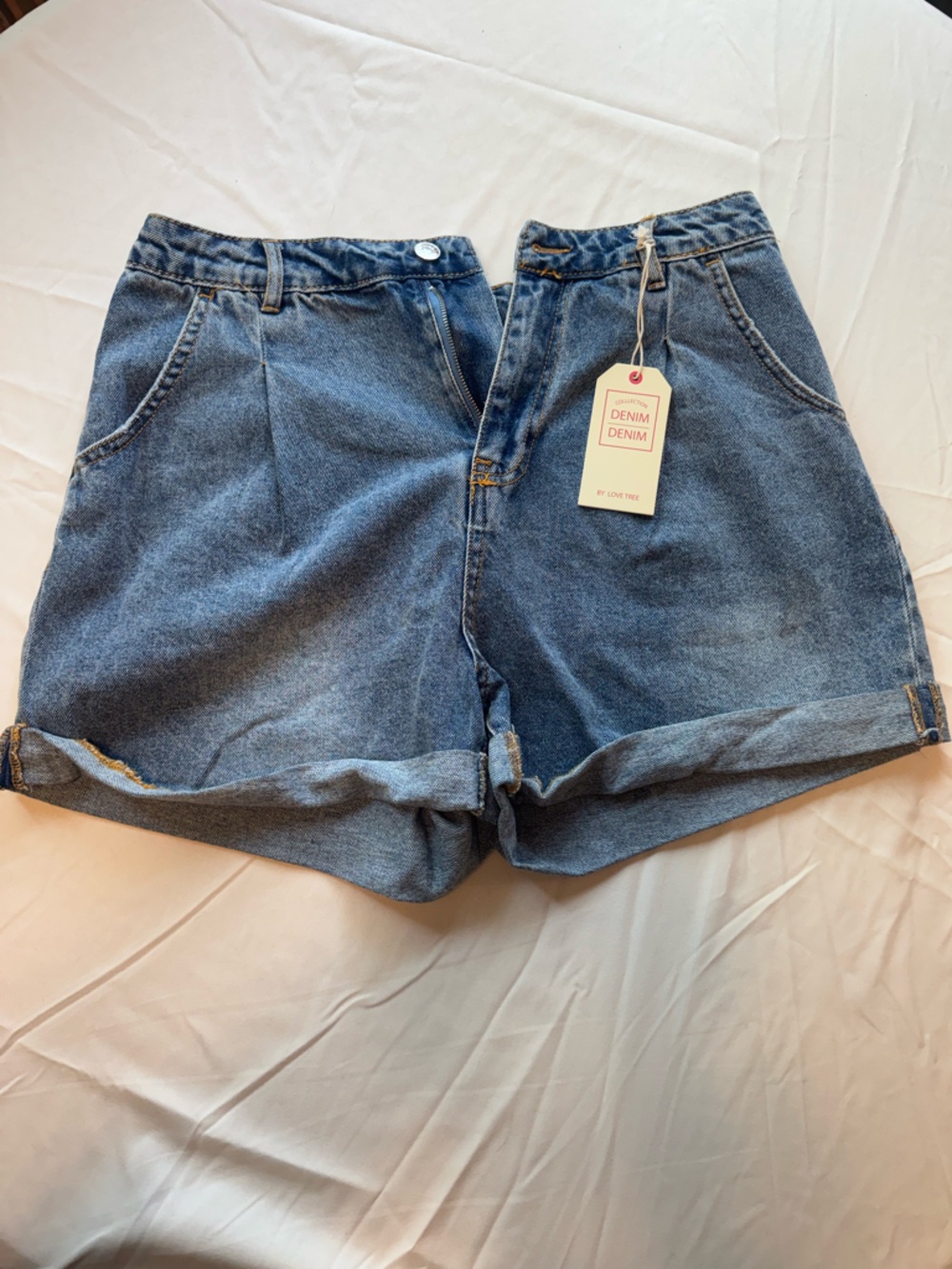 Love Tree Washed Blue Denim Shorts with Rolled Hem